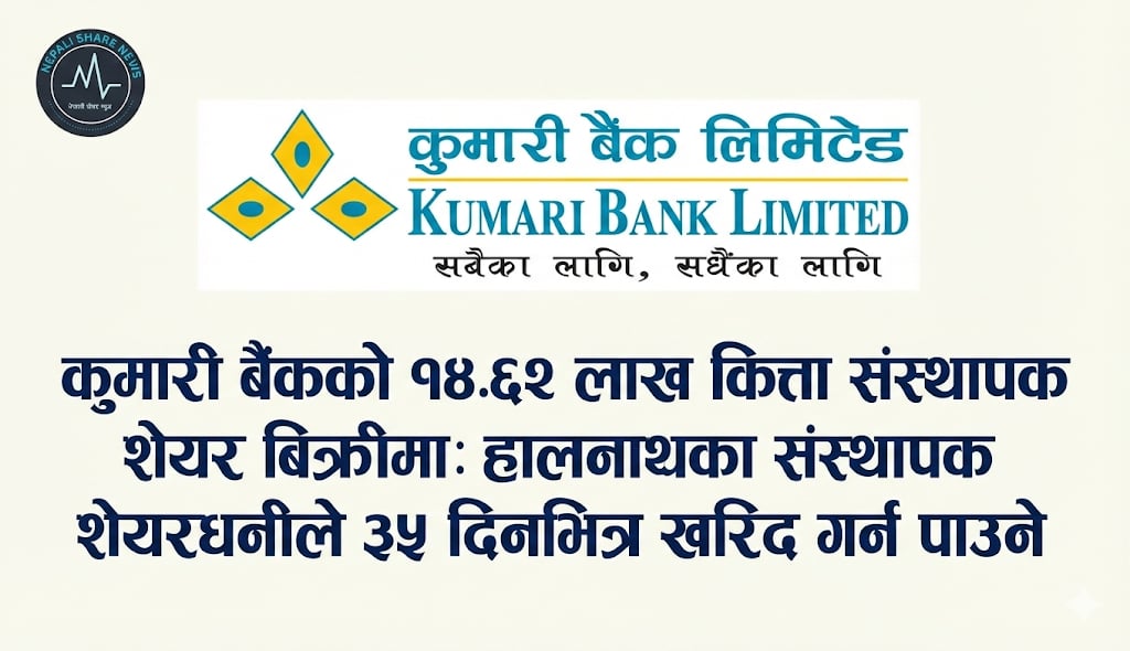कुमारी बैंकको १४.६२ लाख कित्ता संस्थापक शेयर बिक्रीमा: हालका संस्थापक शेयरधनीले ३५ दिनभित्र खरिद गर्न पाउने